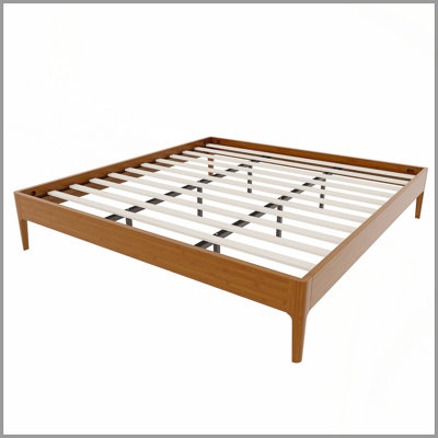 Structure de lit plateforme en bois de bambou sec massif de 15 pouces de hauteur, avec support en lattes de bois, style moderne et minimaliste, aucun sommier requis, assemblage facile, brun