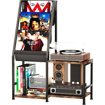 Homeiju Record Player Stand with Vinyl Record Storage, 3-in-1 Record Cabinet & Turntable Stand, Fits 200 Albums, Vintage Media Storage Organizer, Rustic Brown