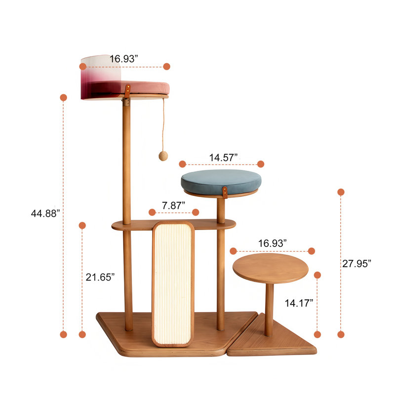 Modern Cat Tree with Acrylic Pod, Oak Veneer & Solid Rubberwood Posts, Multi-Level Scratching Post Tower for Indoor Cats