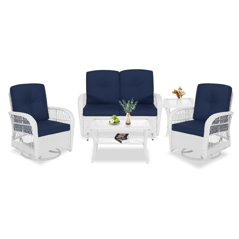 Winston Porter 5-piece Outdoor Patio White Wicker Conversation Sets, All Weather Outdoor Rattan Furniture Set Includes Glider Loveseat, 2 Coffee Table, 2 Swivel-gliders Chairs With Cushions
