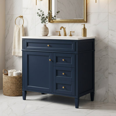 Meuble-lavabo moderne de 91 cm (36 po) avec lavabo simple, meuble de rangement pour salle de bain, lavabo de table, 2 tiroirs et 1 tiroir à bascule, bleu