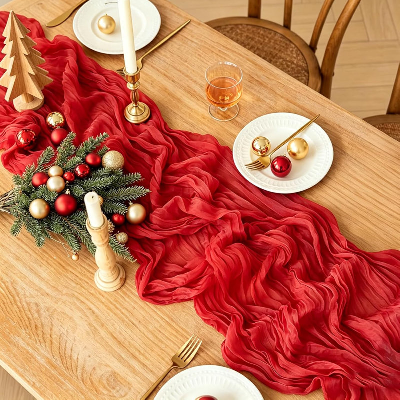 Chemin de table rouge 6 pièces, chemin de table rouge 10 pi en gaze rustique 35 * 120 pouces pour décoration de mariage