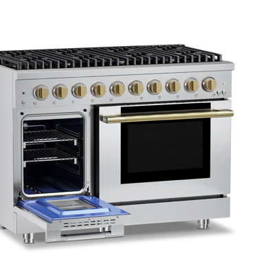 Hauslane 48" Gas Range In Stainless Steel | 8 Burners Up To 20,000 Btus | 6.7 Cu. Ft. Double Convection Oven With 5 Rack Positions | Convertible Ng/Lp | Cool-Touch Triple-Layer Door Satin Brass