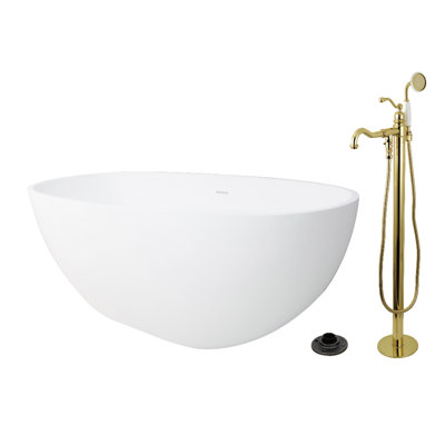 Kingston Brass Arcticstone 65-Inch Solid Surface Oval Double Ended Freestanding Tub With Faucet Combo And Drain