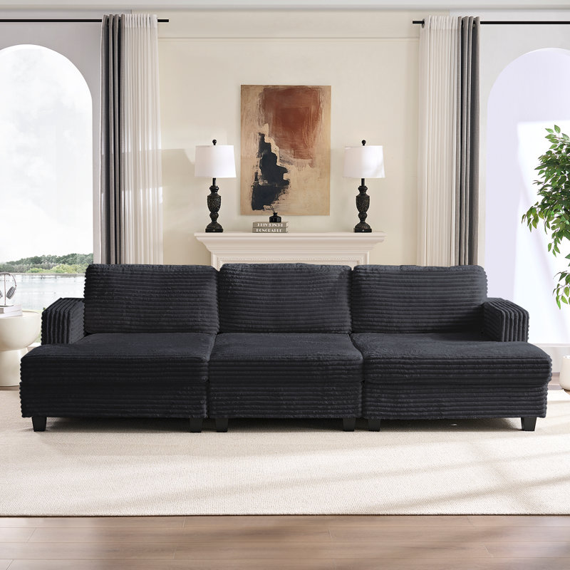 120" Modular Corduroy Sectional – Removable Cushion Covers & Lumbar Support, Gray