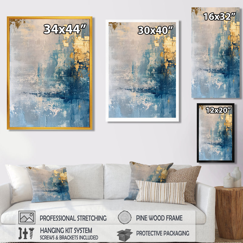 «Tender Gold» sur fond grunge - art mural abstrait, H 32 po x l 16 po x P 1 po, Toile avec cadre flottant noir