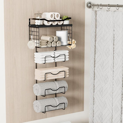 Porte-serviettes mural à 6 niveaux avec tablettes flottantes: idéal pour les serviettes de bain et les serviettes à main roulées ou pliées (métal et bois)