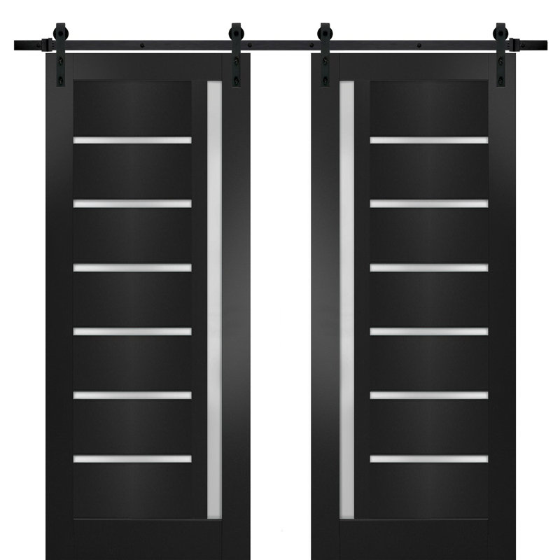 Portes de grange intérieures en verre givré Quadro avec ensemble de quincaillerie d'installation, Noir mat, Noir