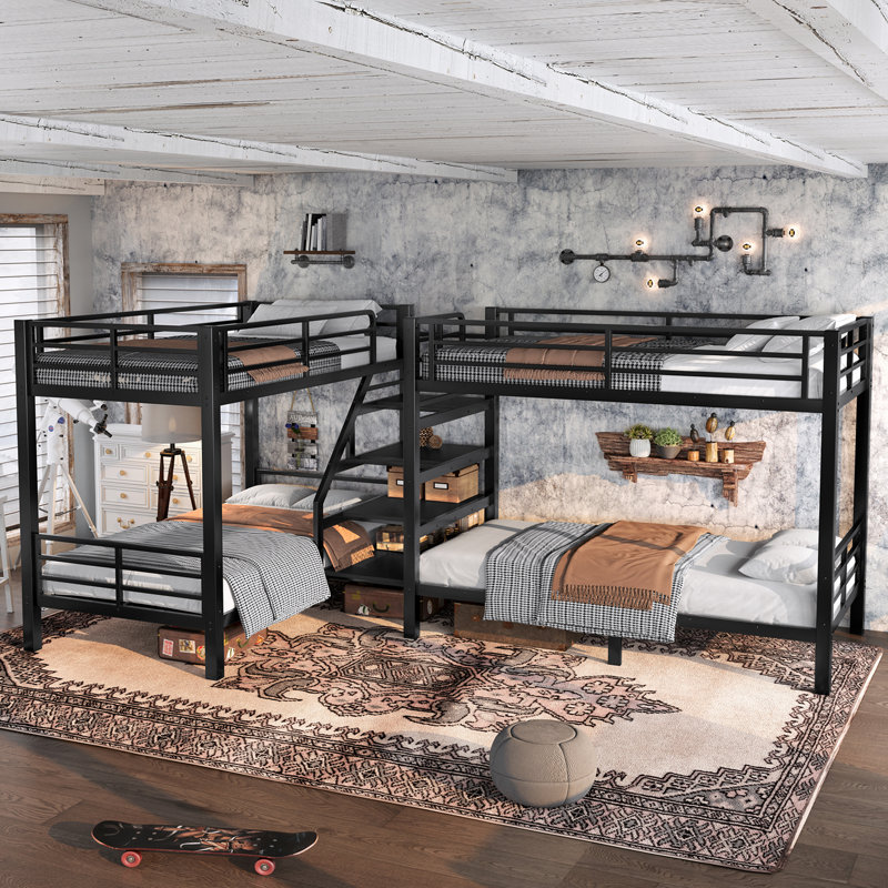L-shaped Corner Quad Bunk Bed With Storage Stairs,twin Size Bunk Bed With Headboard And Full Length Guardrails, Quad Bunk Beds For 4, Noise-free Gesign, Black