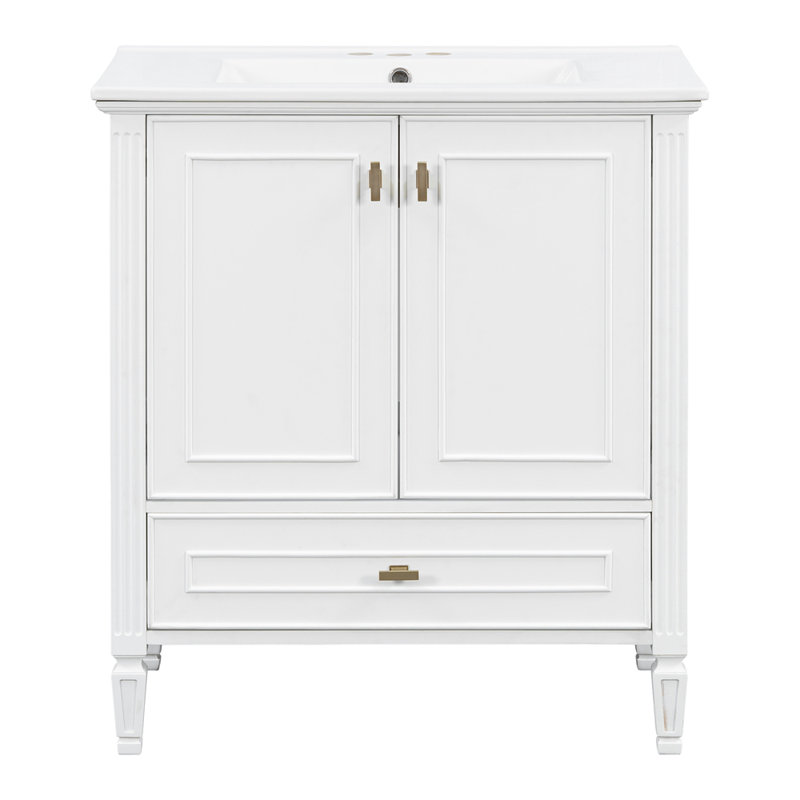 Meuble-lavabo de 30 po avec lavabo, meuble-lavabo autoportant avec 1 tiroir et 2 portes à fermeture en douceur avec rangement pour porte, structure et pieds en bois massif, un paquet