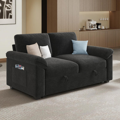  58" Convertible Sleeper Loveseat with Pull-Out Bed, Adjustable Backrest and Rolled Arms for Small Spaces, Black