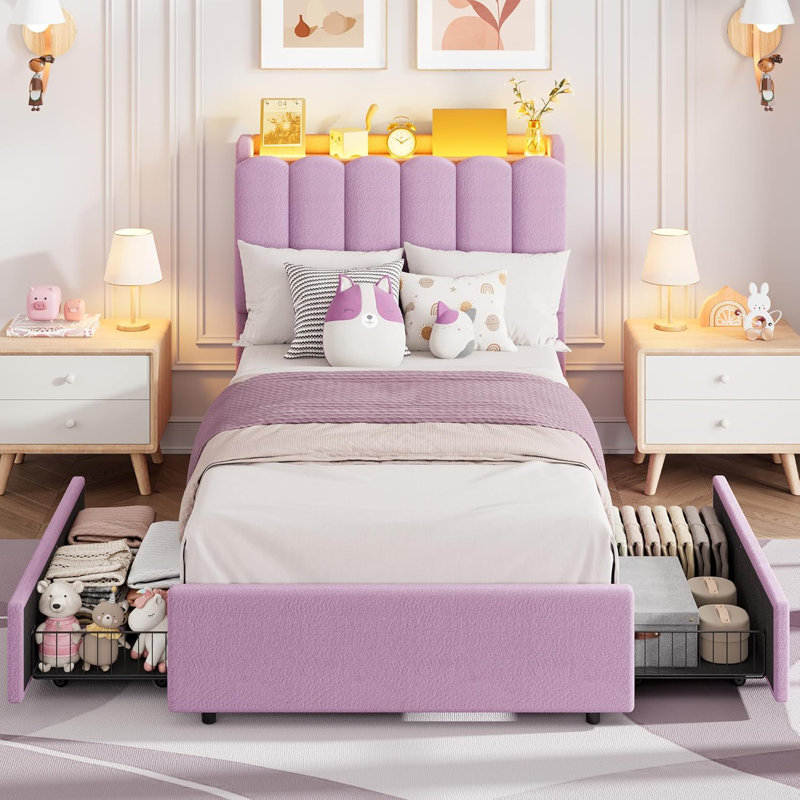 LED Twin XL Bed Frame with Storage Headboard & 2 Drawers, Wavy Bookcase, Wood Slats, No Box Spring, Purple, Twin XL