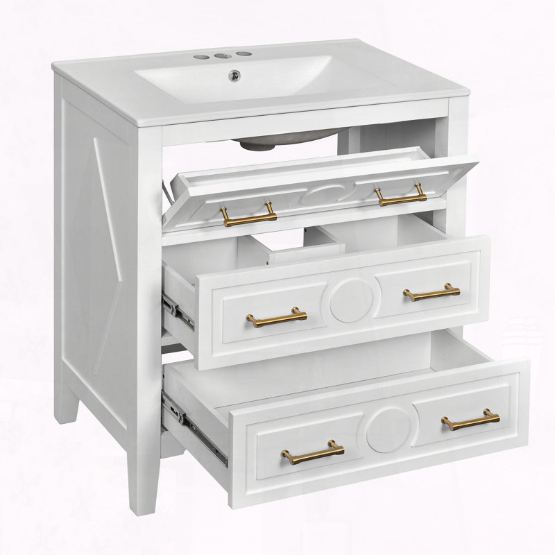 Meuble-lavabo rétro 30 po avec 3 tiroirs et poignées dorées