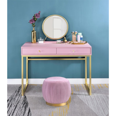 Bureau de coiffeuse 2 tiroirs avec miroir et plateau à bijoux, rose et or