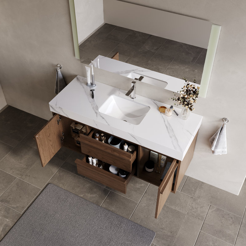 Meuble-lavabo mural 48 po avec lavabo sous-comptoir en céramique, texture de bois brun avec plateau en pierre frittée, Blanc