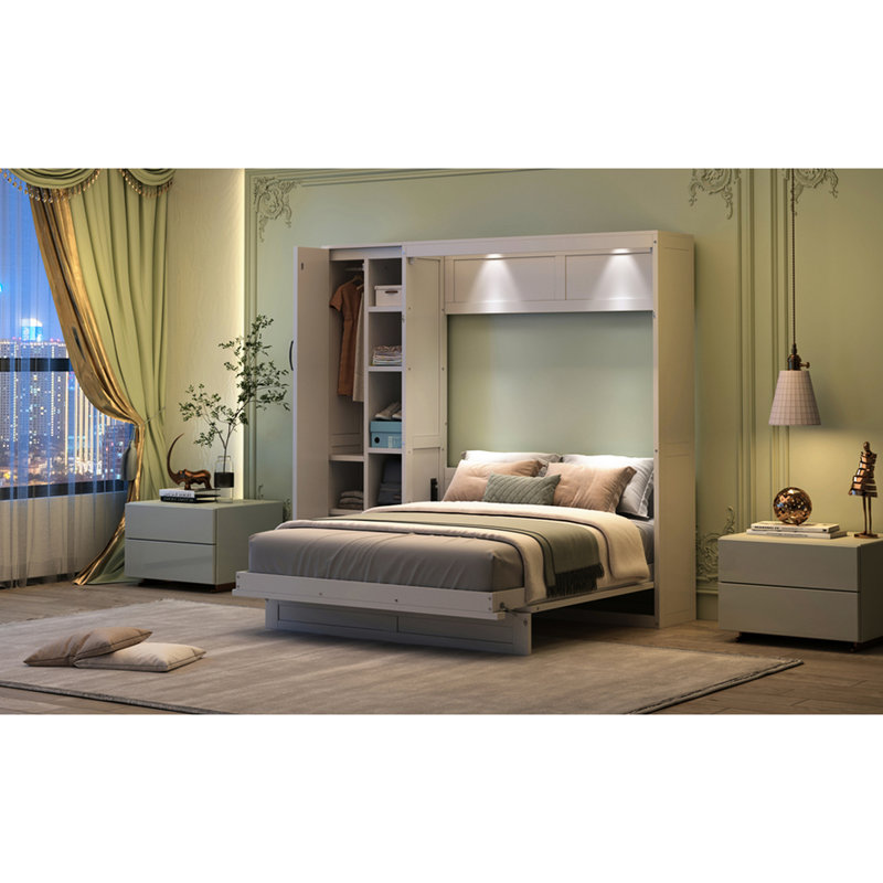 Lit mural blanc avec tablettes, garde-robe et éclairage à DEL blanc, idéal pour économiser de l'espace au sol dans un petit appartement - Solution Home Office