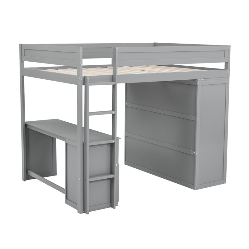 Lit mezzanine gris moderne avec placards, 2 bureaux et une armoire - Option 2 lits simples pleine grandeur avec option d'économie d'espace