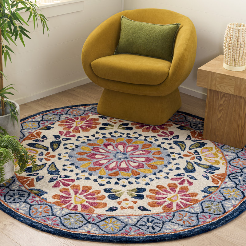 Tapis floral en laine touffeté à la main rouge / ivoire Onasis, Rond 6 pi