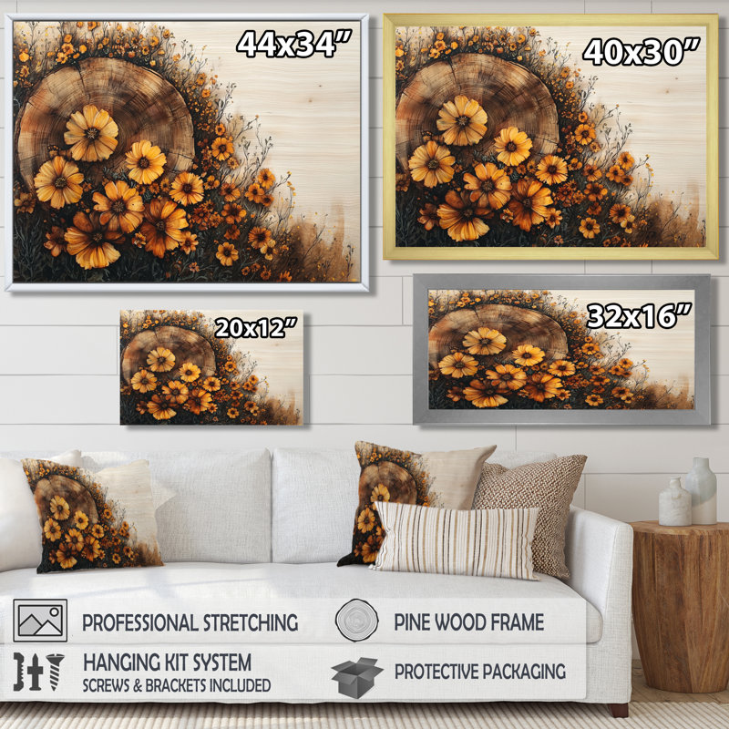 Fleurs sauvages sur une rivière en bois - Art mural, H 12 po x l 20 po, Impression encadrée flottante, Noir