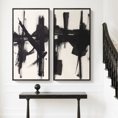 Large Framed Canvas Wall Art Set - Black Abstract Brushstroke Effect Minimalist Modern Prints - 60"x20"x2pcs