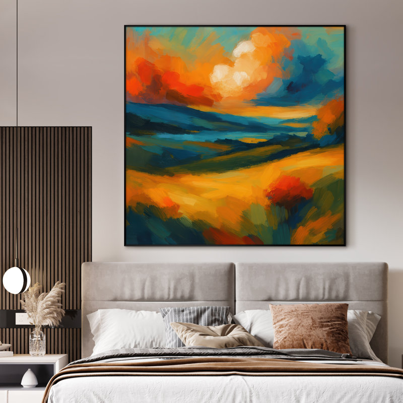 Très grand art mural imprimé sur toile - Paysage vibrant Bold Sunset Hills, abstrait, contemporain, ou œuvre d'art décoratif pour le salon ou la chambre à coucher - «Assemblage requis du cadre (cadre non fini)»