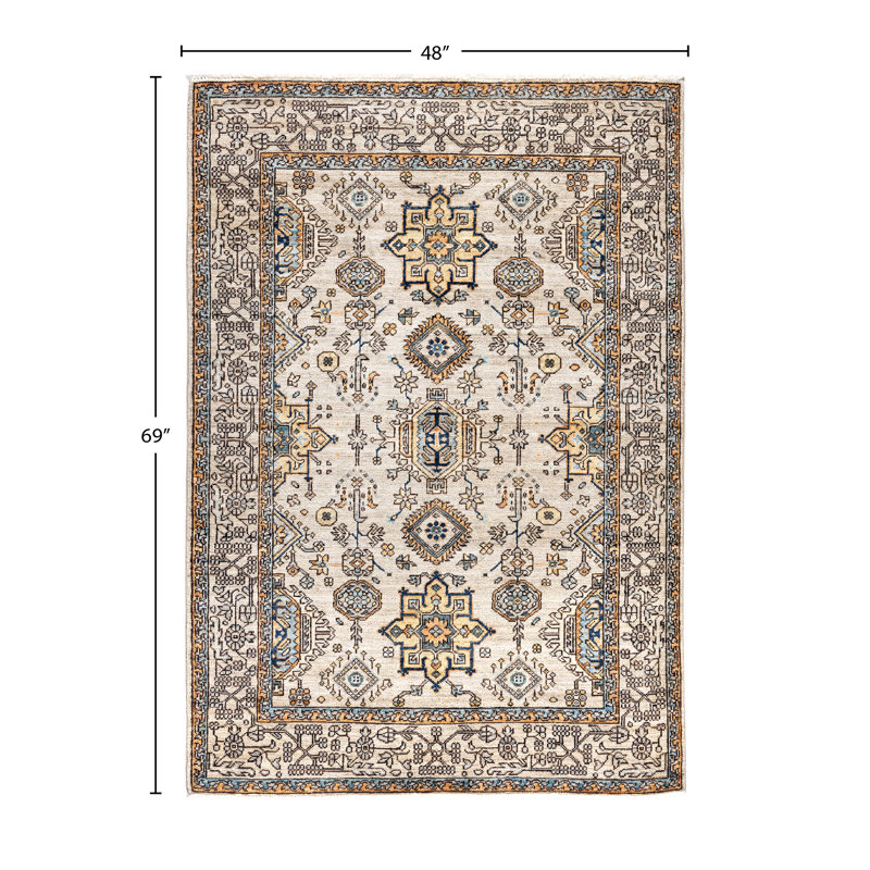 Tapis unique noué à la main Raffin - gris, 4 pi 0 po x 5 pi 9 po Raffin
