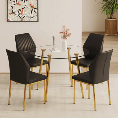 Ensemble de table et de chaises de salle à manger de luxe moderne en verre de 39,7 pouces de diamètre avec pieds en métal doré et 4 chaises en polyuréthane noir à haute résilience