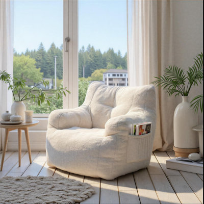 Compression Soft Teddy Adult Foam Filled Bean Bag Chairs,Ivory White