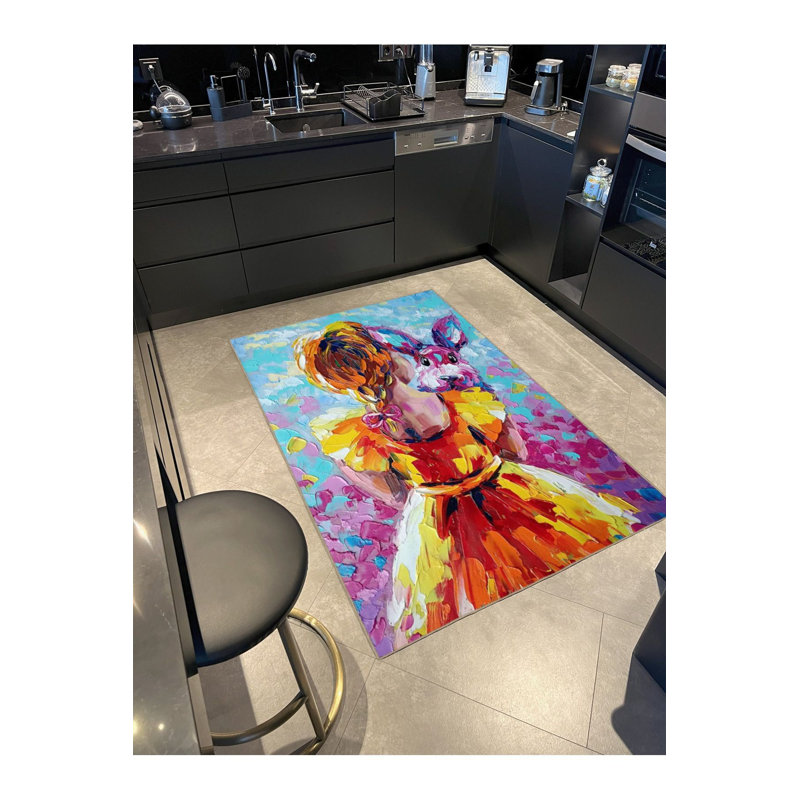 Little Girl and Rabbit Patterned Woven Base Machine Washable Rug, Runner 4'11" x 9'10" Rug Pad Included