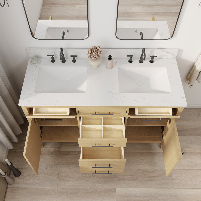 Ensemble de meuble-lavabo autoportant 55 po avec double comptoir blanc Carrara, Oak