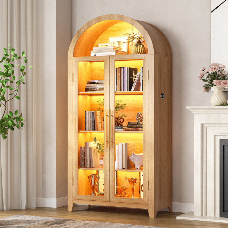 5-Tier 71'' H Freestanding Arch Display Cabinet With 3-Color Light Modes And Motion Sensor, Wood