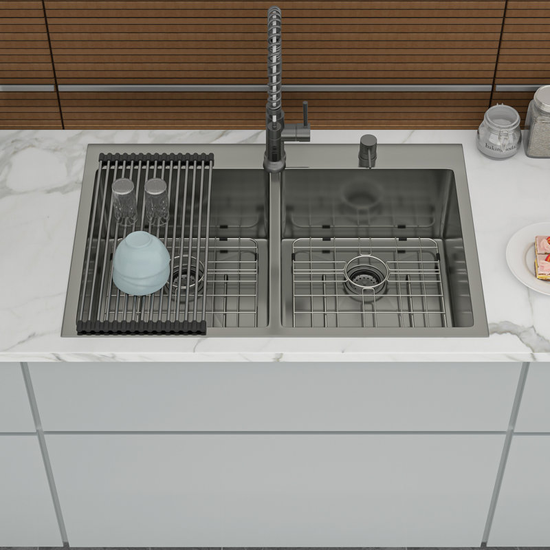 Gunmetal Black Double Bowl Drop In Sink, 33" Product Depth, 22" Width, 16 Gauge, 10" Deep Basins, 50/50 Design For Various Kitchen Cleaning Demands, Hand - Crafted With Rear 3.5 Drain, X Grooves