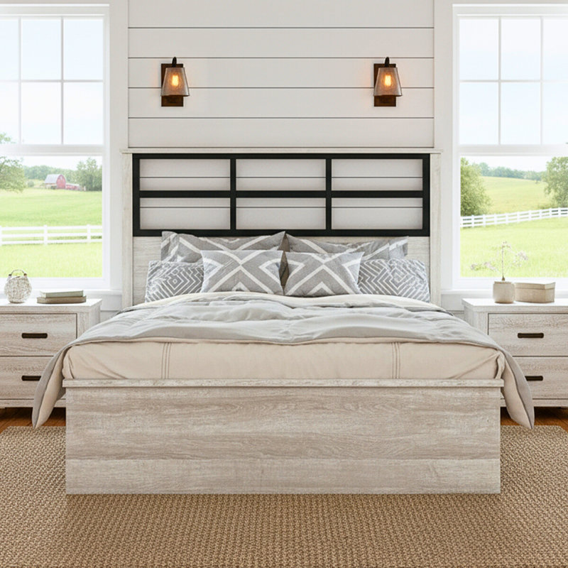 Liora Grace Modern Farmhouse Platform Bed Frame with Windowpane Headboard, 800lb Capacity, and Wood Slat Support (No Box Spring Required)
