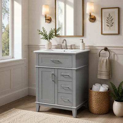 24 Inch Bathroom Vanity with Ceramic Sink, Solid Wood Frame, MDF Cabinet, and Multiple Storage Solutions for Small to Medium Bathrooms