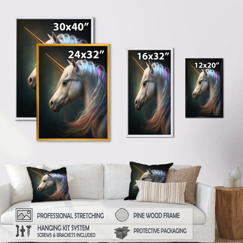 «Beautiful Portrait Of A Unicorn I», reproduction sur toile, H 32 po x l 16 po x P 1 po, Toile avec cadre flottant noir