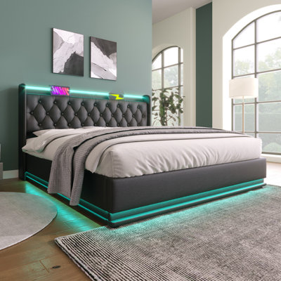Upholstered bed, 360 surround LED function, Buttons/Apps/Remote Control, hydraulic storage bed