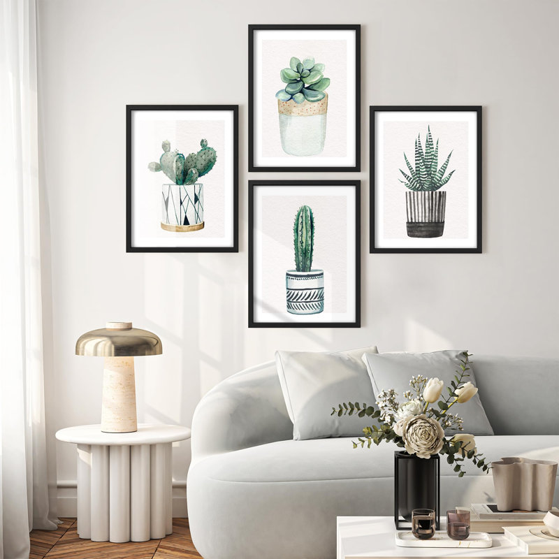 "Plantes succulentes et cactus en pot, aquarelle, œuvre d'art botanique, décor moderne et naturel", 4 pièces, Noir