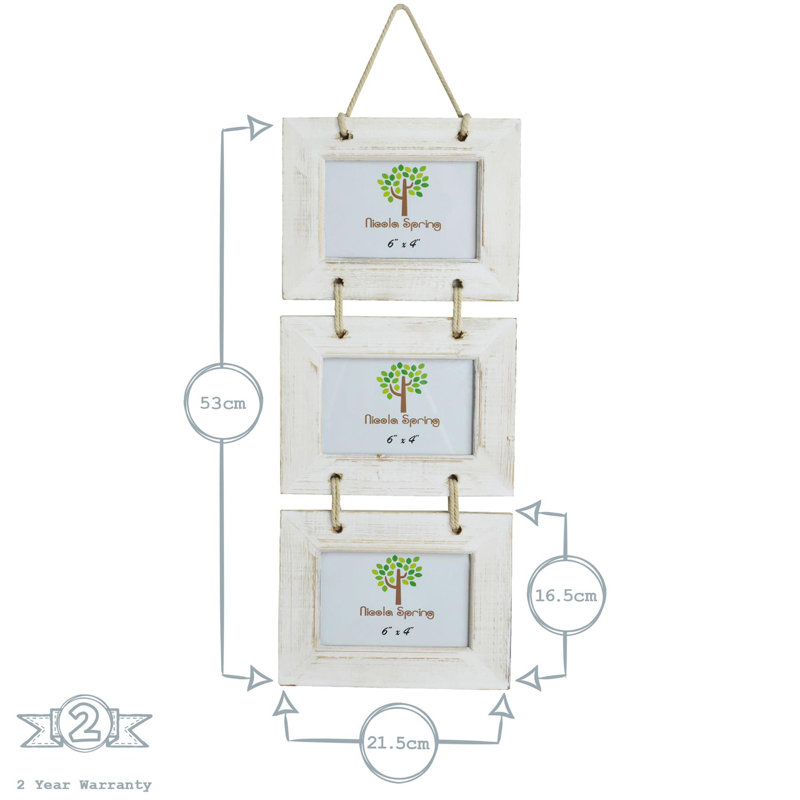 Nicola Spring - Rustic Wooden Hanging 3 Photo Frames - 6 x 4", White