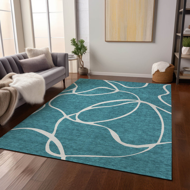 Tapis bleu sarcelle lavable intérieur / extérieur Mirelle , 10 pi x 14 pi