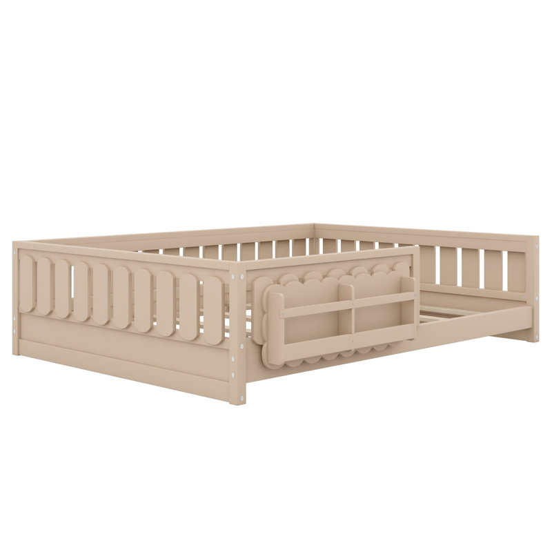 Lit plateforme avec garde-corps et tablettes de rangement, Naturel, Lit double