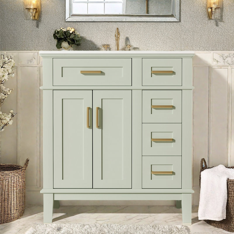 Meuble-lavabo 30 po avec comptoir en céramique, armoire et tiroirs, Vert