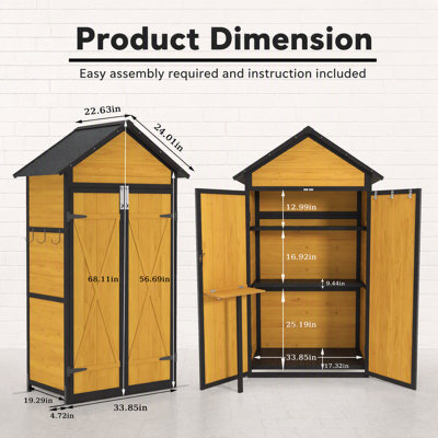 Remise en bois résistante aux intempéries avec toit imperméable, portes verrouillables, tablettes amovibles, table pliable et crochets pour outils et équipement de jardin