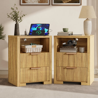 2-Drawer Wide Nightstand with Outlets, 24.8''H Wood Bedside Table with Drawers & Open Storage