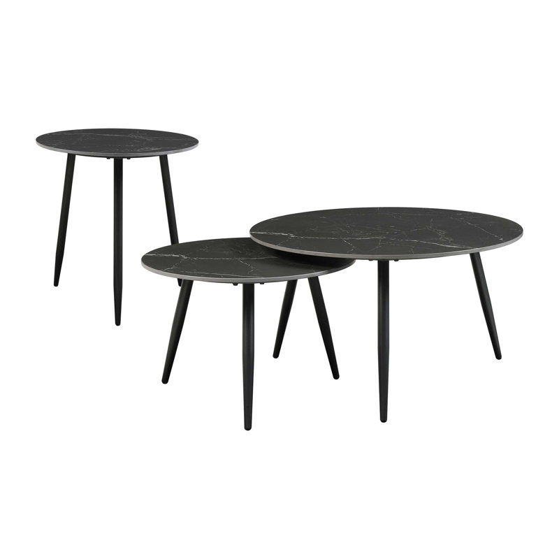 3-Piece End Table Set, Sintered Stone Top with Metal Legs, Black