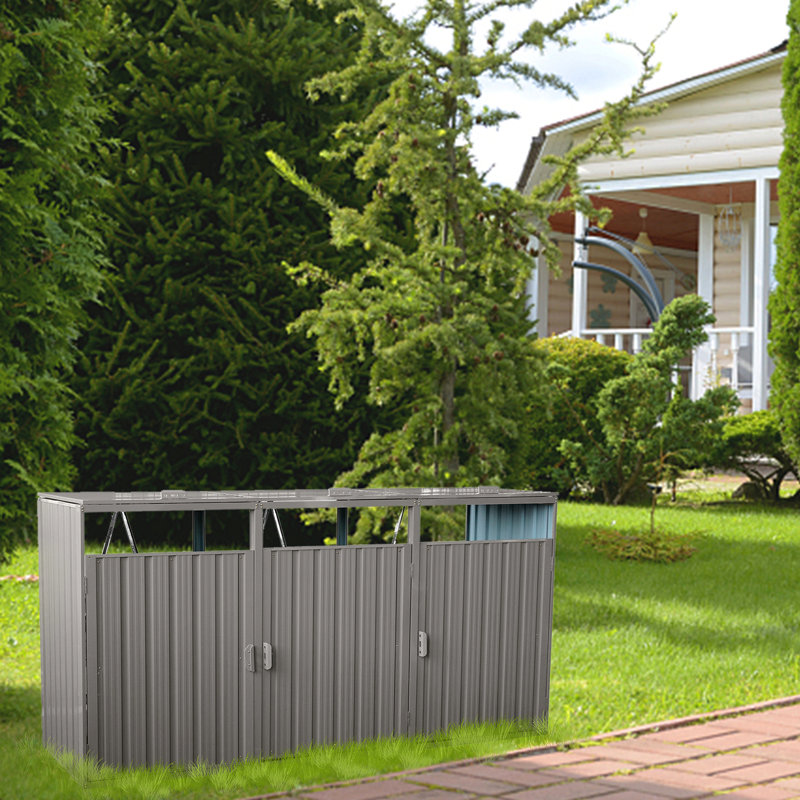 Remise à ordures en métal gris pour pelouse de jardin - Peut accueillir 3 poubelles, une pourriture facile à utiliser et à assembler, des soutes en acier galvanisé, propre