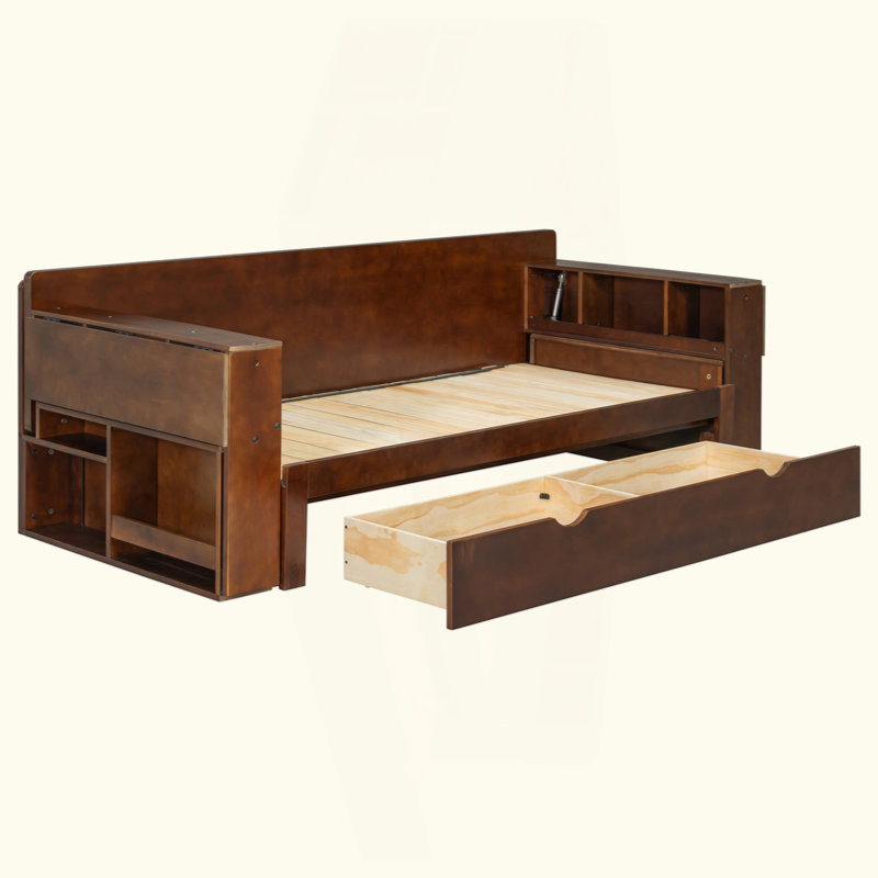 Daybed With Removable Desk, Storage Drawers & Hydraulic Side Table, Espresso, Queen