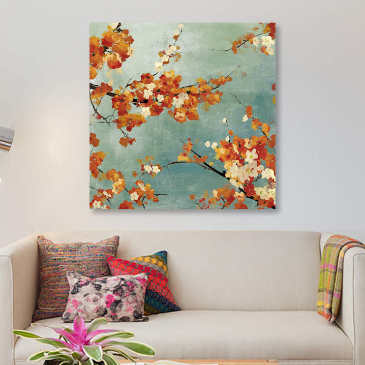 « orange fleurs ii », reproduction sur toile, H 18 po x l 18 po x P 1,5 po, Toile tendue, Pas de tapis