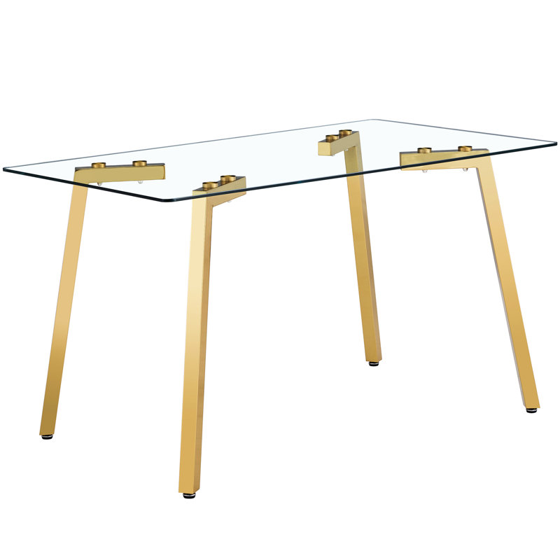 Table rectangulaire en verre trempé avec pieds en métal doré, surface et style esthétique minimaliste moderne, Gold