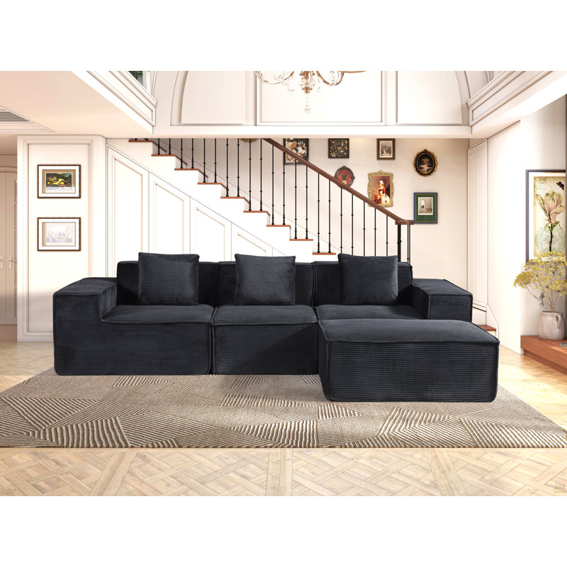 Convertible Corduroy Sectional Couch With Ottoman & Pillows, Modular L Shaped Sleeper Sofa, Boneless Cloud Couch
