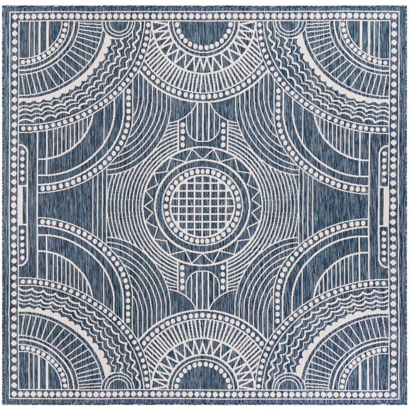 Tapis contemporain de couleur bleue Huitt, Carré 7 pi 10 po